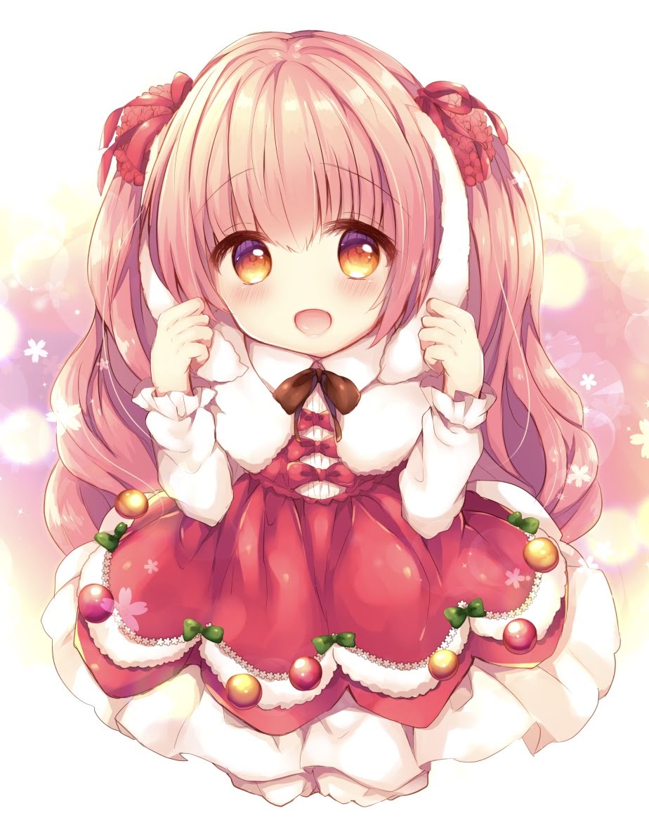 1girl, :d, blush, bow, brown_bow, christmas_begonia_(flower_knight_girl), commentary_request, dress