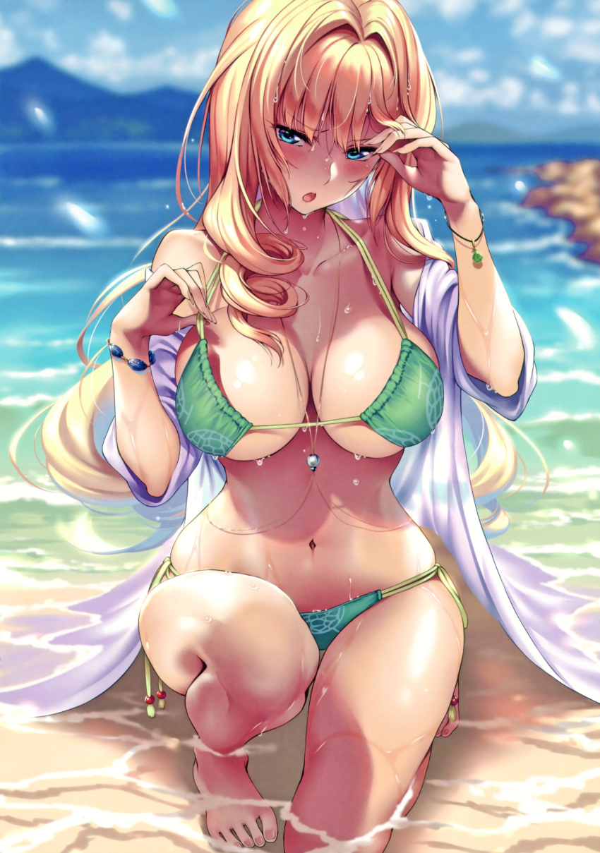 1girl, absurdres, adjusting_hair, bare_legs, bare_shoulders, barefoot, beach, bikini