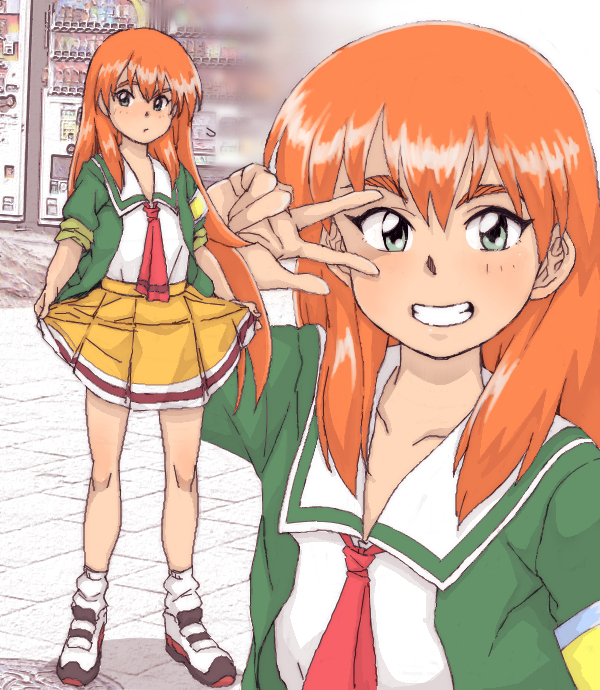 1girl, akai_homura, blue_eyes, closed_mouth, commentary_request, female_focus, hibikino_high_school_uniform, long_hair, looking_at_viewer, mizukane, open_mouth, orange_hair, school_uniform, shirt, skirt, smile, solo, tokimeki_memorial, tokimeki_memorial_2, v, v_over_eye