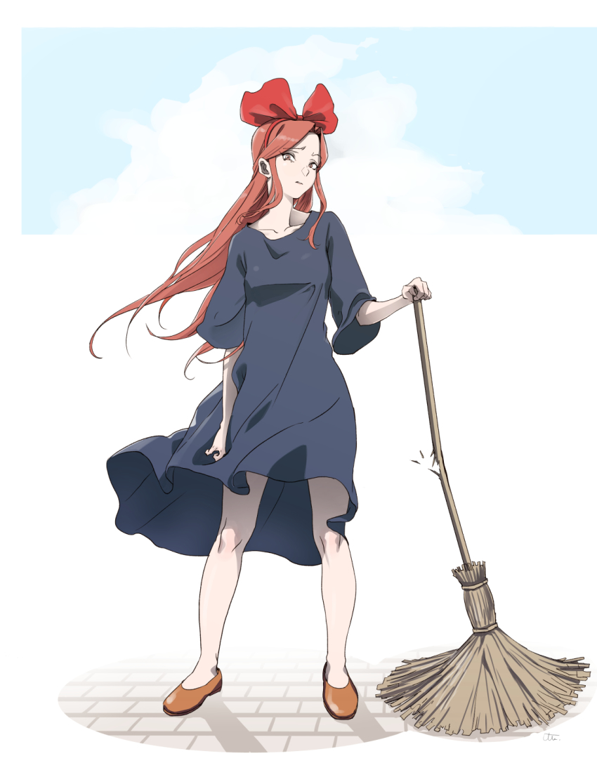 1girl, bamboo_broom, blue_dress, blue_sky, bow, brick_road, broken_broom, broom