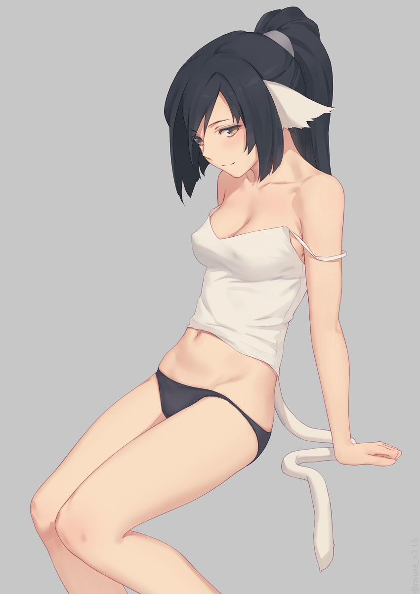 1girl, animal_ears, arm_support, bare_shoulders, black_hair, blush, breasts, brown_eyes, collarbone, feet_out_of_frame, female_focus, grey_background, grey_panties, groin, head_tilt, highres, kuon_(utawarerumono), long_hair, looking_at_viewer, medium_breasts, midriff, miura-n315, navel, panties, ponytail, sidelocks, simple_background, singlet, sitting, smile, solo, tail, thighs, underwear, underwear_only, utawarerumono, utawarerumono:_itsuwari_no_kamen, very_long_hair, white_singlet