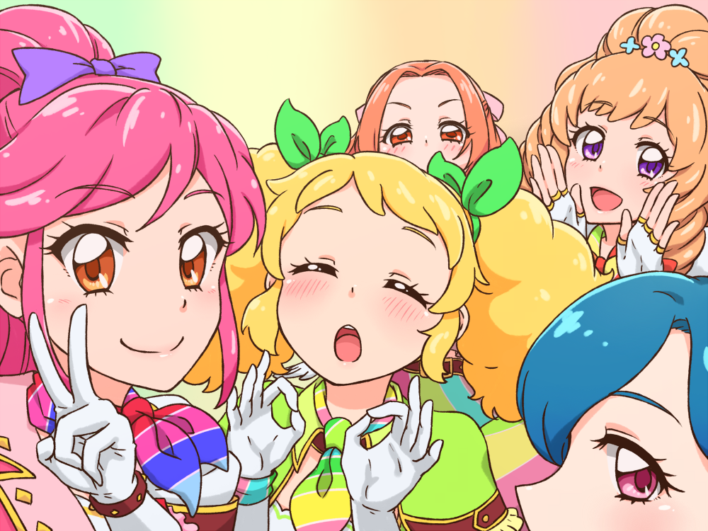 5girls, ^_^, aikatsu!, aikatsu!_(series), belt, blonde_hair, blue_hair, blush