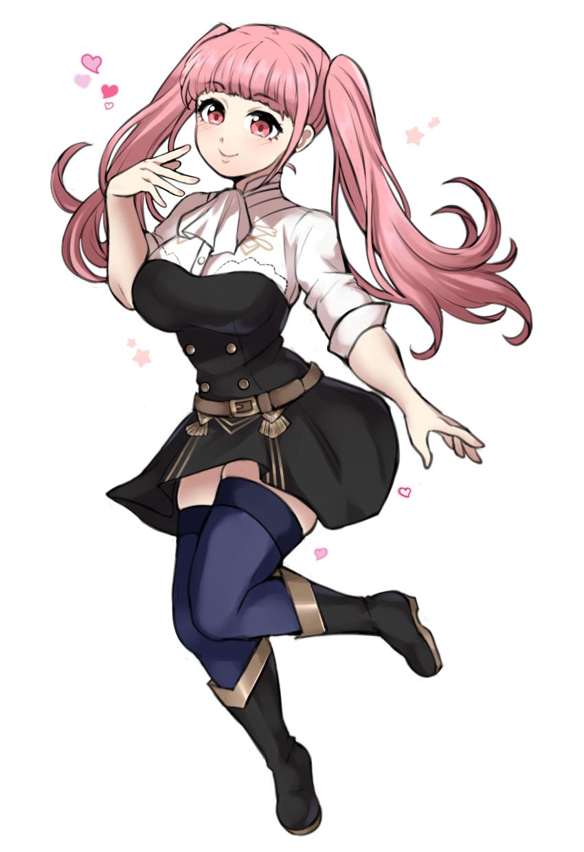 1girl, absurdres, belt, black_boots, blue_thighhighs, boots, closed_mouth, female_focus, fire_emblem, fire_emblem:_three_houses, full_body, heart, highres, hilda_valentine_goneril, jojonium_art, long_hair, nintendo, pink_eyes, pink_hair, short_sleeves, simple_background, smile, solo, thighhighs, thighhighs_under_boots, twintails, white_background, zettai_ryouiki