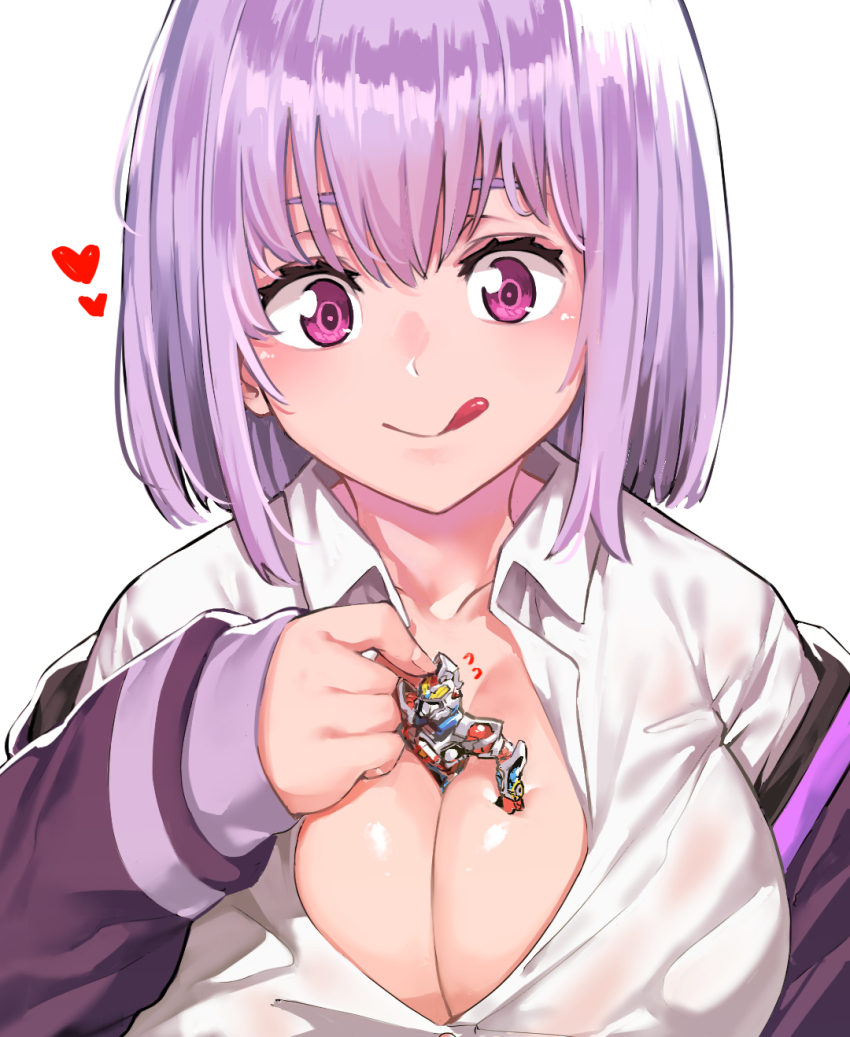1boy, 1girl, between_breasts, breasts, closed_mouth, collarbone, collared_shirt, eye_color_request
