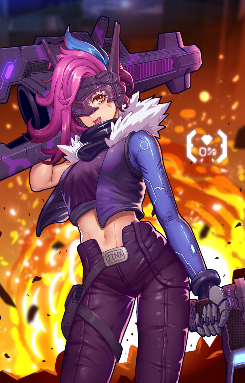 1girl, broken_eyewear, fang, female_focus, gun, highres, jinx_(league_of_legends), league_of_legends, long_hair, pink_hair, project:_jinx, smile, solo, teeth, twintails, very_long_hair, weapon, weapons