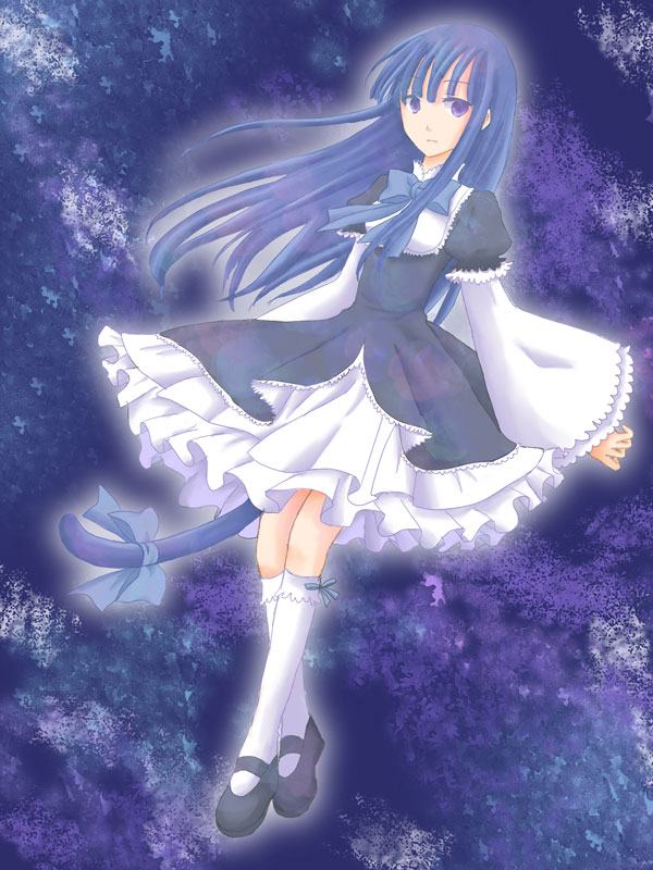 00s, 1girl, black_dress, blue_hair, bow, cat_tail, dress, female_focus, floating, frederica_bernkastel, kneehighs, long_hair, mary_janes, purple_eyes, rui_(pixiv358475), rui_(tsukihana), shoes, socks, solo, tail, umineko_no_naku_koro_ni