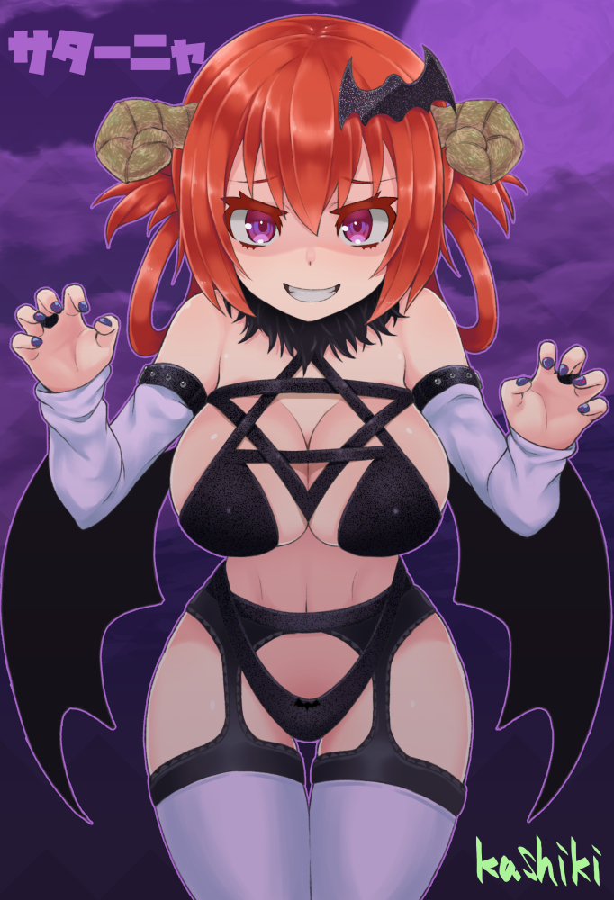 1girl, alternate_costume, bad_id, bad_pixiv_id, bare_shoulders, bat_hair_ornament, breasts, claw_pose