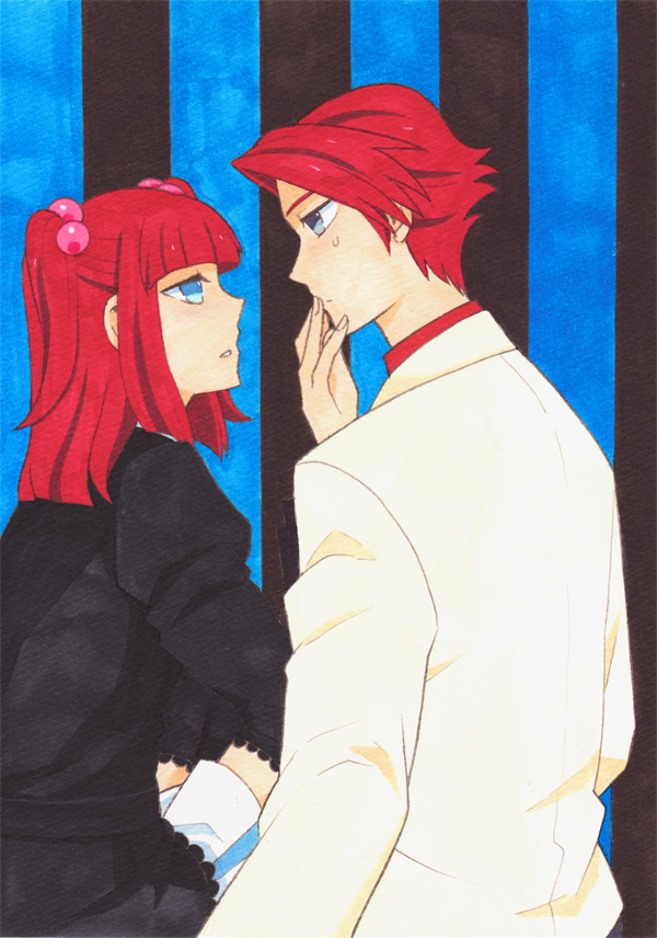 00s, 1boy, 1girl, bad_id, bad_pixiv_id, blue_eyes, brother_and_sister, frills