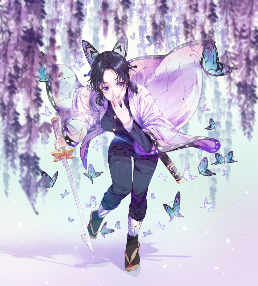 1girl, absurdres, black_hair, black_jacket, blurry, bug, butterfly, butterfly_hair_ornament, depth_of_field, female_focus, full_body, hair_ornament, haori, highres, holding, holding_sword, holding_weapon, insect, jacket, japanese_clothes, kimetsu_no_yaiba, kochou_shinobu, long_sleeves, onigirimayora, parted_bangs, purple_eyes, scabbard, sheath, solo, sword, tabi, weapon