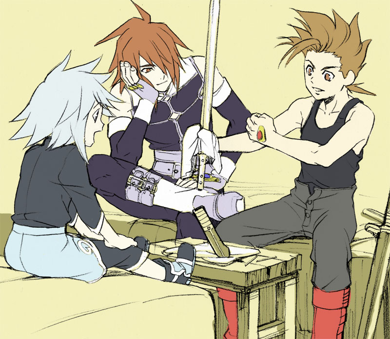 00s, 3boys, bad_id, bad_pixiv_id, blue_eyes, brown_eyes, brown_hair, genius_sage