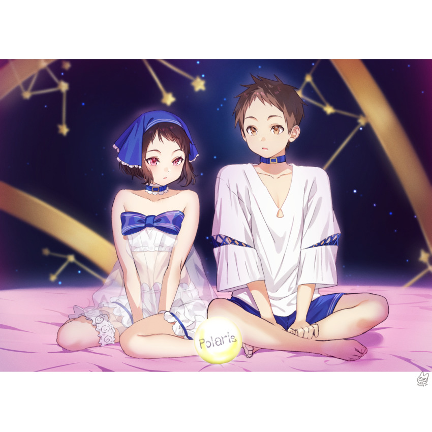 1boy, 1girl, artist_logo, bare_arms, bare_legs, bare_shoulders, barefoot, between_legs