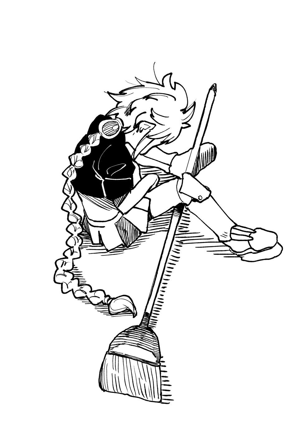 1girl, arm_between_legs, armor, asymmetrical_bangs, braid, braided_ponytail, broom, commentary, crop_top, female_focus, full_body, greyscale, hair_ornament, highres, holding, holding_broom, kantai_collection, long_hair, maku-raku, messy_hair, miniskirt, monochrome, pleated_skirt, rudder_footwear, short_sleeves, sidelocks, simple_background, single_braid, sitting, skirt, solo, unryuu_(kancolle), very_long_hair, white_background