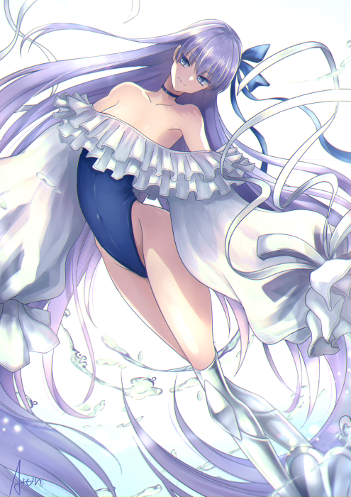 1girl, armor, bad_id, bad_pixiv_id, bare_shoulders, blue_eyes, blue_one-piece_swimsuit, blue_ribbon