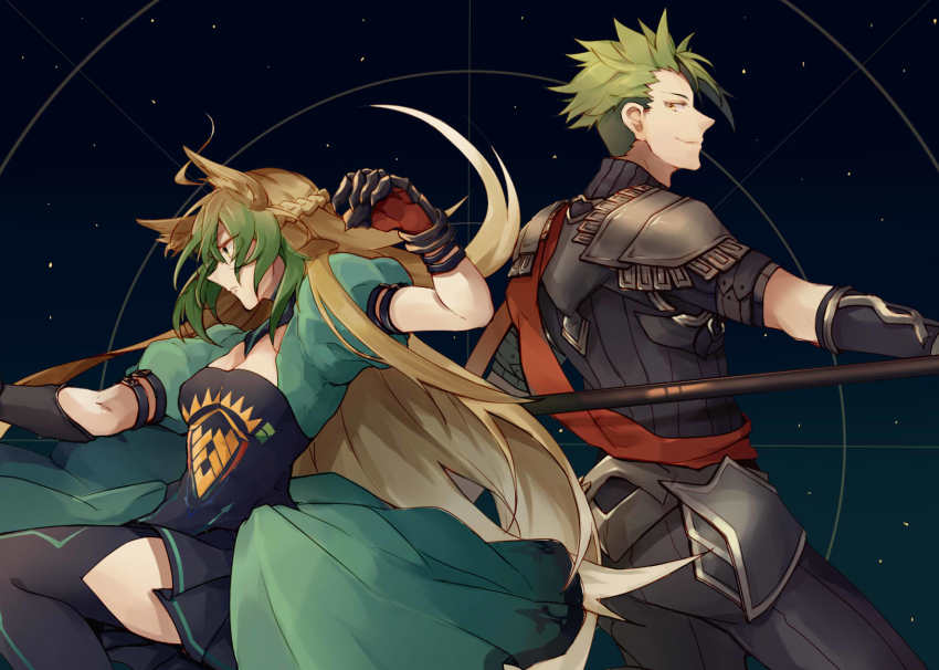 1boy, 1girl, achilles_(fate), ahoge, animal_ears, arm_strap, armor, atalanta_(fate), back-to-back, blonde_hair, boots, breasts, fate/apocrypha, fate/grand_order, fate_(series), gloves, gradient_hair, green_eyes, green_hair, highres, holding, holding_spear, holding_weapon, long_hair, looking_at_viewer, manly, multicolored_hair, nan_(nanyayyay), open_mouth, pleated_skirt, polearm, puffy_short_sleeves, puffy_sleeves, short_sleeves, skirt, small_breasts, spear, thighhighs, very_long_hair, weapon, yellow_eyes