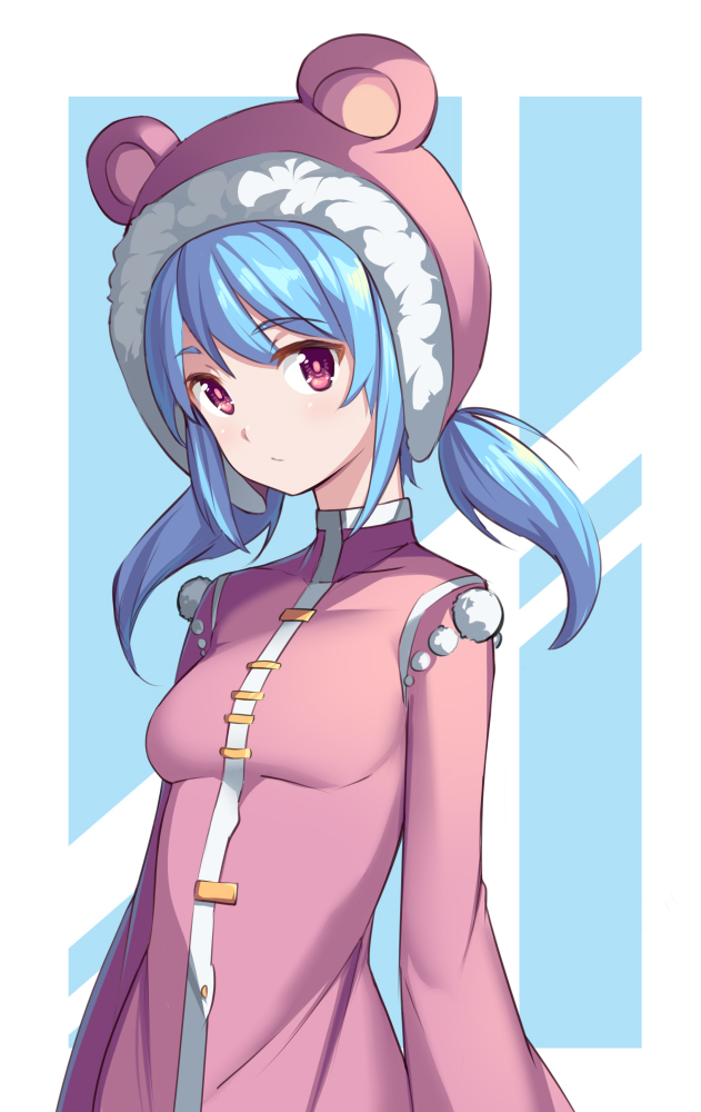 1girl, :/, animal_ears, animal_hood, bear_ears, bear_hood, blue_hair, blush