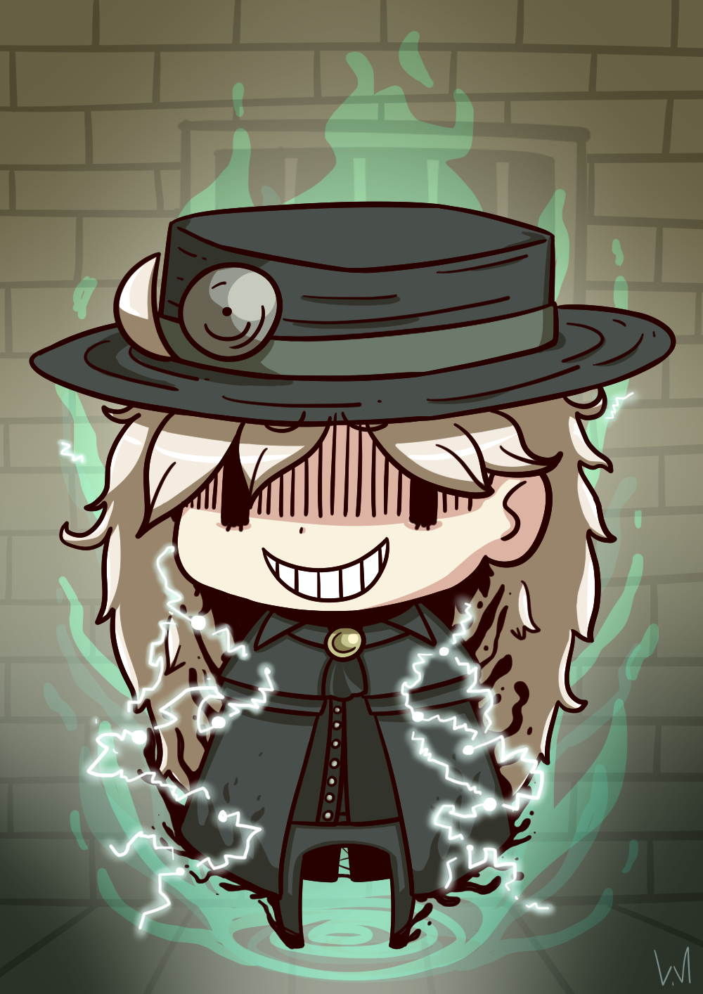 1girl, ahoge, braid, cape, chibi, cloak, cosplay, edmond_dantes_(fate)_(cosplay)