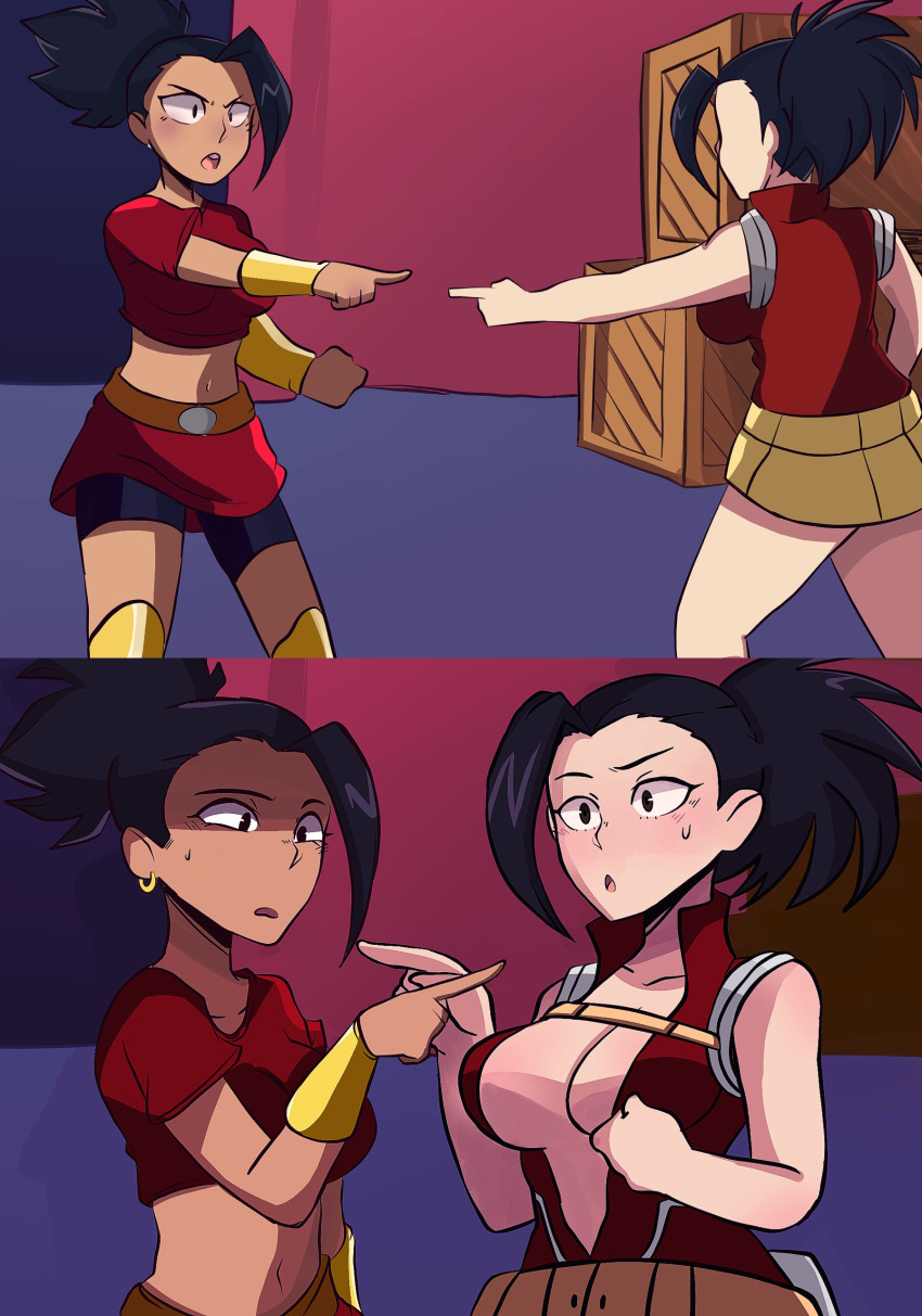 10s, 2girls, absurdres, asymmetrical_hair, bare_arms, bare_shoulders, belt, bike_shorts, black_eyes, black_hair, boku_no_hero_academia, breasts, cleavage, collarbone, crossover, dragon_ball, dragon_ball_super, earrings, forehead, highres, jewelry, kale_(dragon_ball), large_breasts, look-alike, matching_hair/eyes, meme, multiple_girls, open_mouth, parody, pointing_spider-man_(meme), ponytail, red_skirt, shorts, shorts_under_skirt, skirt, trait_connection, yaoyorozu_momo