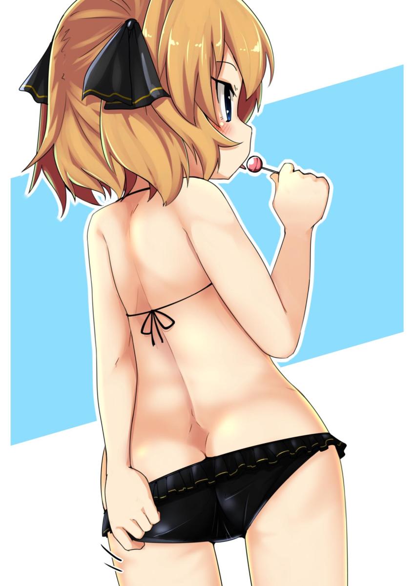 1girl, adjusting_clothes, ass, bikini, black_bikini, black_ribbon, blue_eyes, blush
