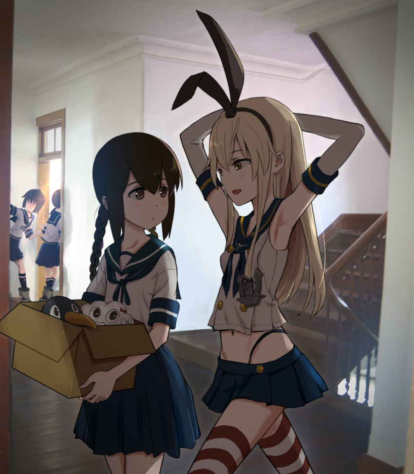 4girls, armpits, black_hair, black_hairband, black_legwear, black_panties, blonde_hair, blue_skirt, box, braid, brown_eyes, elbow_gloves, failure_penguin, fubuki_(kancolle), gloves, h_k_white, hair_between_eyes, hairband, highleg, highleg_panties, highres, holding, holding_box, isonami_(kancolle), kantai_collection, long_hair, looking_at_another, low_ponytail, miss_cloud, miyuki_(kancolle), multiple_girls, panties, pleated_skirt, ponytail, school_uniform, serafuku, shimakaze_(kancolle), short_hair, short_ponytail, skirt, socks, stairs, striped_clothes, striped_legwear, striped_thighhighs, thighhighs, twin_braids, underwear, walking, white_gloves
