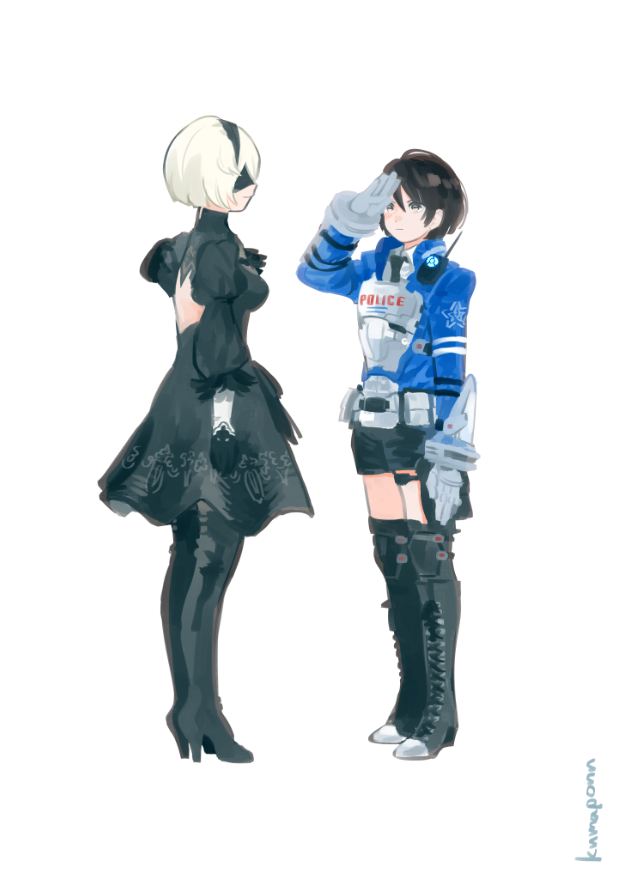 2b_(nier:automata), 2girls, akira_howard_(female), astral_chain, back_cutout, black_dress, black_hairband, blindfold