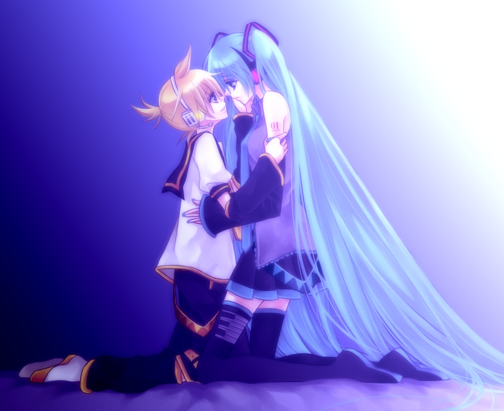 1boy, 1girl, aqua_eyes, aqua_hair, aqua_nails, bare_shoulders, black_thighhighs, blonde_hair