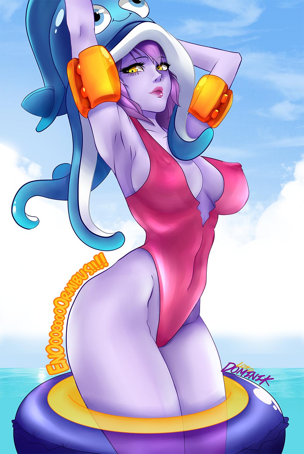 1girl, bikini, breasts, colored_skin, female_focus, hat, highres, large_breasts