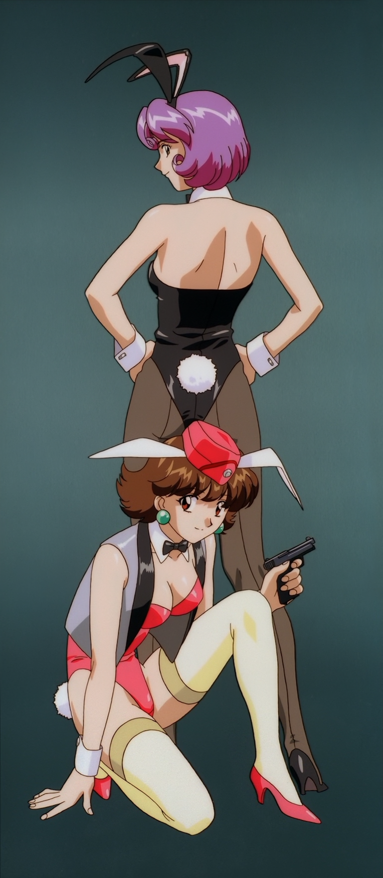 1990s_(style), 2girls, agent_aika, aika_(series), alternate_costume, animal_ears, anime_screenshot, ass