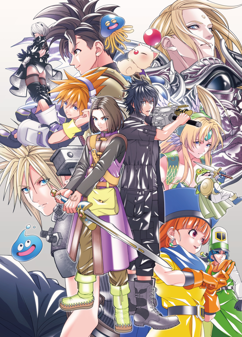 3girls, 6+boys, akuto_(dqh), alena_(dq4), armor, black_dress, black_hair, blindfold, blonde_hair, boots, brown_hair, chrono_trigger, clift, cloud_strife, company_connection, crossover, dragon_quest, dragon_quest_heroes, dragon_quest_iv, dragon_quest_xi, dress, final_fantasy, final_fantasy_vii, final_fantasy_xiv, final_fantasy_xv, frog_(chrono_trigger), gloves, hat, hero_(dq11), healslime, jacket, ko102k1, looking_at_viewer, moogle, multiple_boys, multiple_girls, nier_(series), nier:automata, noctis_lucis_caelum, riesz, sakuraba_neku, seiken_densetsu, seiken_densetsu_3, shield, shoulder_armor, silver_hair, simple_background, slime_(dragon_quest), spiked_hair, square_enix, subarashiki_kono_sekai, sword, weapon, 2b_(nier:automata), zenos_yae_galvus