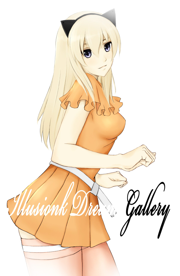 1girl, animal_ears, babylonian_castle_saga, bandai_namco, blonde_hair, cat_ears, druaga_no_tou, fatina, fatina_(druaga), female_focus, grey_eyes, hairband, illusionk, solo, thighhighs