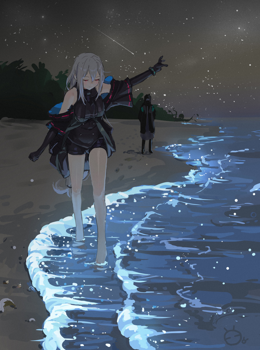 1girl, ambiguous_gender, arknights, arm_up, bare_legs, bare_shoulders, barefoot, beach