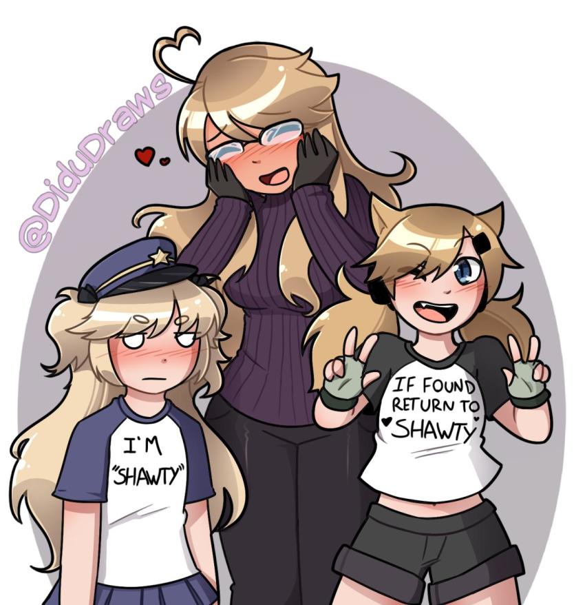 3girls, ahoge, alma_armas, animal_ears, blonde_hair, blush, cat_ears, closed_eyes, clothes_writing, crossover, dark-skinned_female, dark_skin, didudraws, embarrassed, english_text, fingerless_gloves, girls'_frontline, gloves, hands_on_own_face, hat, highres, idw_(girls'_frontline), multiple_girls, one_eye_closed, police_hat, shirt, squee, super-shorty_(girls'_frontline), t-shirt, twitter_username, v, va-11_hall-a