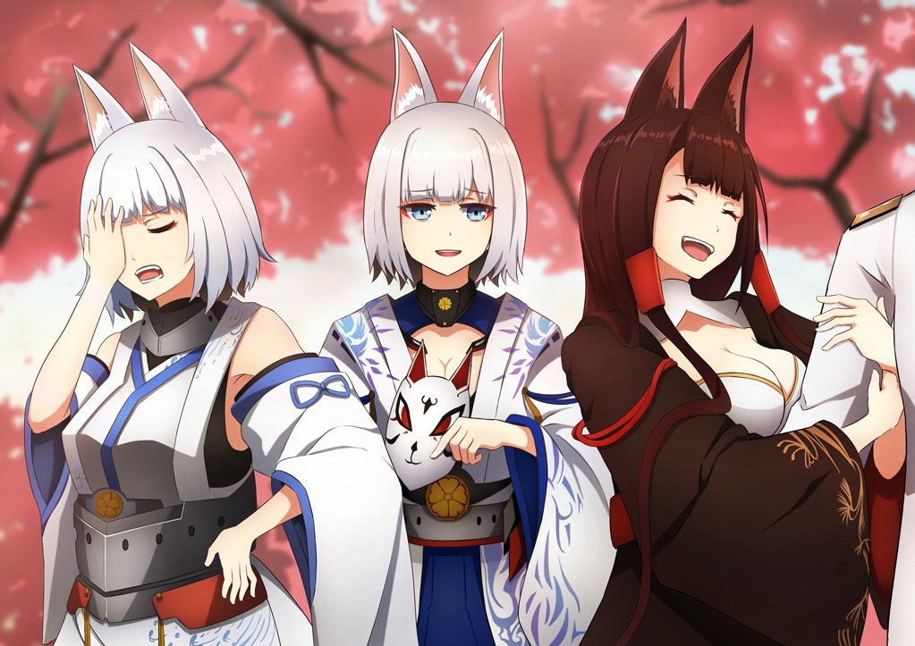 3girls, akagi_(azur_lane), animal_ears, azur_lane, blue_eyes, blunt_bangs, cleavage_cutout, clothing_cutout