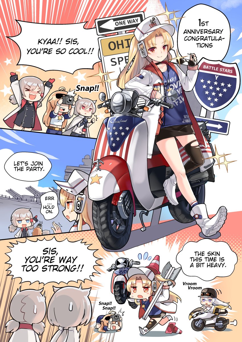 5girls, absurdres, ahoge, alternate_costume, alternate_language, azur_lane, battleship, blonde_hair