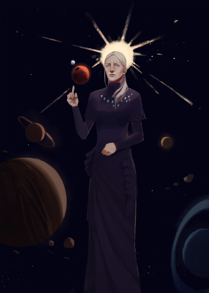 1girl, absurdres, aged_up, asteroid, black_background, dress, female_focus, full_body, highres, kyokugen_dasshutsu, lion, long_hair, long_sleeves, kurashiki_akane, old, old_woman, pixelyte, planet, portrait, purple_dress, purple_eyes, solo, space, spoilers, standing, sun, white_hair