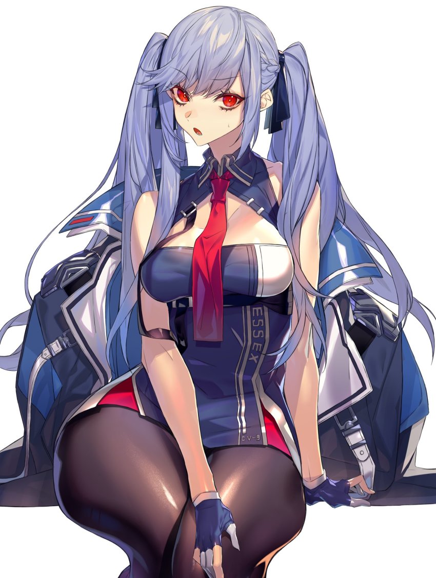 1girl, azur_lane, bare_shoulders, black_pantyhose, black_ribbon, blue_gloves, blue_hair, braid, breasts, cloak, essex_(azur_lane), female_focus, french_braid, gloves, hair_ribbon, highres, hoe-l, long_hair, looking_at_viewer, medium_breasts, necktie, open_mouth, pantyhose, partially_fingerless_gloves, red_eyes, red_necktie, ribbon, side_braid, simple_background, sitting, sleeveless, solo, sweat, swept_bangs, thick_thighs, thighs, twintails, white_background, wide_hips