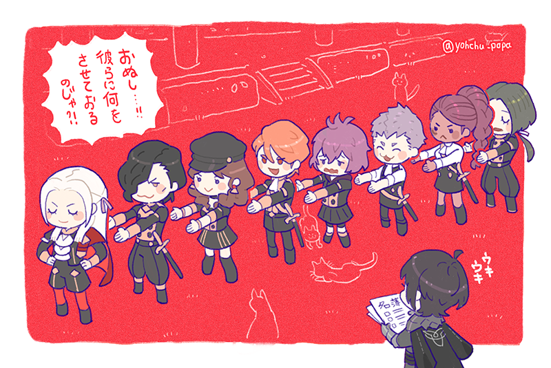 4girls, 5boys, ahoge, ascot, bernadetta_von_varley, black_hair, blonde_hair, blue_hair, blush, braid, breasts, brown_hair, male_byleth_(fire_emblem), cape, caspar_von_bergliez, chibi, cleavage, dark_skin, dorothea_arnault, edelgard_von_hresvelg, epaulettes, fire_emblem, fire_emblem:_three_houses, gloves, green_eyes, green_hair, grey_eyes, hair_ornament, hair_over_one_eye, hair_ribbon, hat, hubert_von_vestra, linhardt_von_hevring, long_hair, long_sleeves, low_ponytail, multiple_boys, multiple_girls, mushi_rags, nintendo, open_mouth, pantyhose, petra_macneary, ponytail, purple_hair, red_cape, red_legwear, ribbon, shadow, short_hair, smile, translation_request, wavy_mouth, yohchu-popa