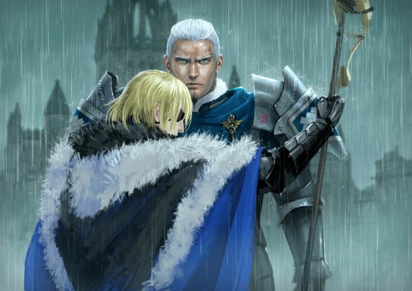 2boys, absurdres, aged_up, armor, artist_name, blonde_hair, cape, dedue_molinaro