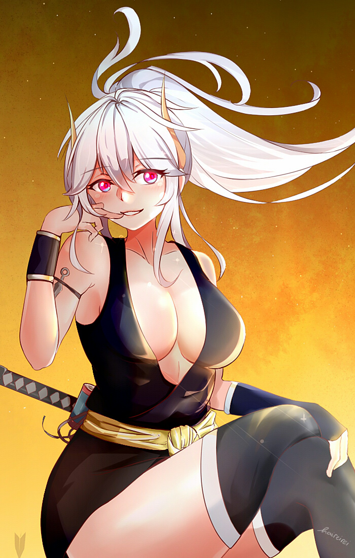 1girl, artist_name, black_thighhighs, breasts, cleavage, crossed_legs, female_focus, gradient_background