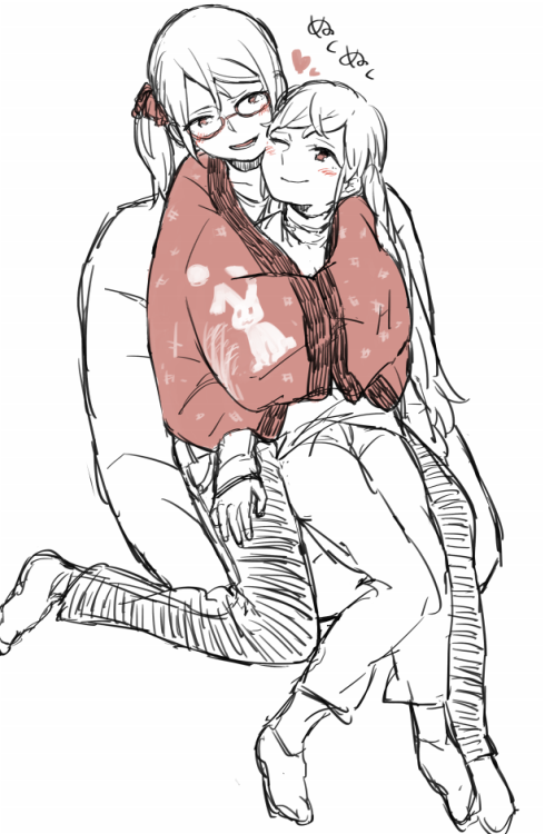 2girls, blush, cheek-to-cheek, chikiso, cuddling, eye_contact, hanten_(clothes), heads_together