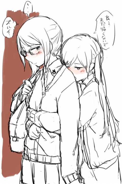 2girls, blush, cardigan, chikiso, glasses, height_difference, hug, hug_from_behind