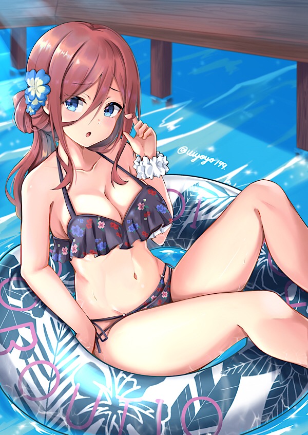 1girl, :o, afloat, bare_arms, bare_shoulders, bikini, black_bikini, blue_eyes