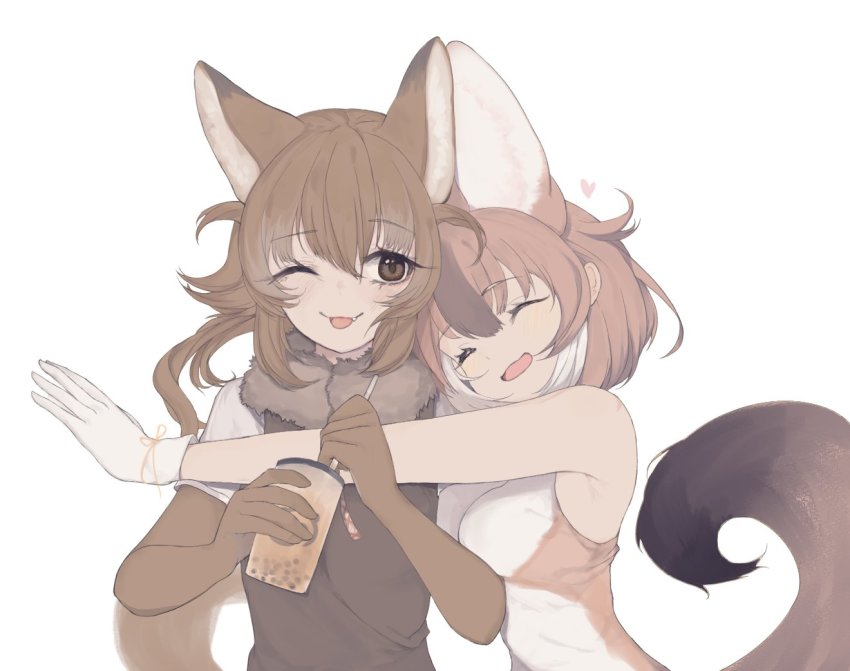 2girls, ;d, ^_^, animal_ear_fluff, animal_ears, bare_shoulders, black_eyes, brown_gloves