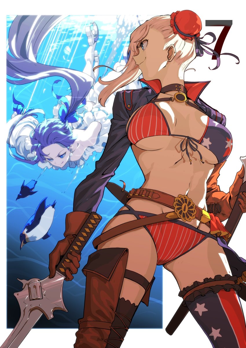 absurdres, american_flag, american_flag_bikini, american_flag_print, belt, bikini, bird, blue_eyes