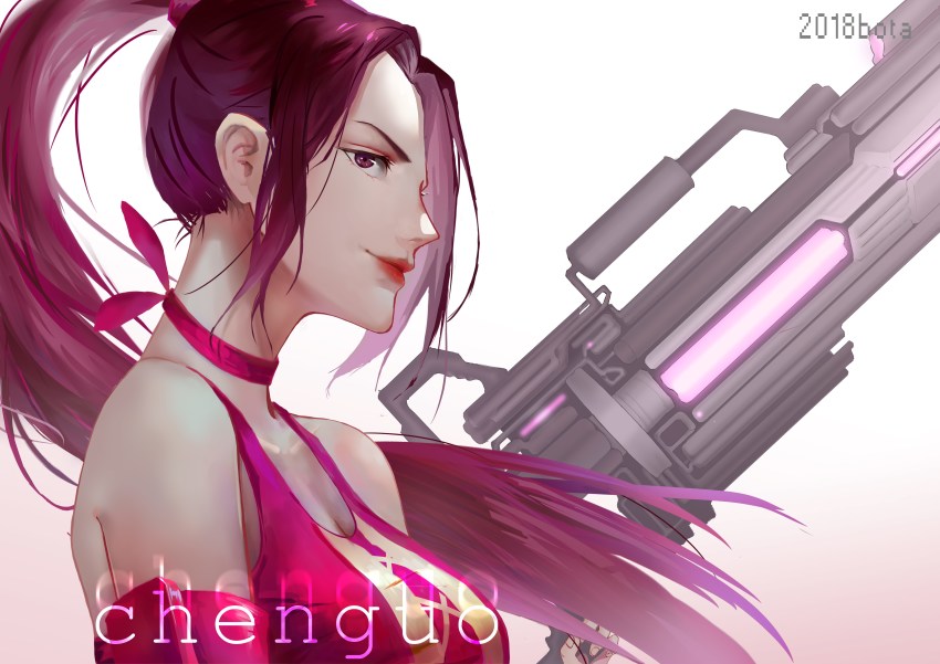 1girl, absurdres, artist_name, bad_hand, bota_(tcez), breasts, brown_hair, chasing_haze, cleavage, gun, highres, holding, holding_gun, holding_weapon, lipstick, long_hair, looking_at_viewer, makeup, ponytail, purple_eyes, quan_zhi_gao_shou, sidelocks, simple_background, upper_body, very_long_hair, weapon, white_background