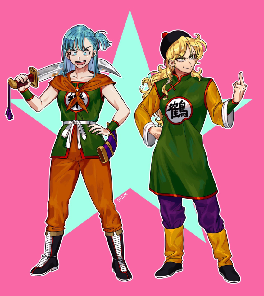 2girls, aqua_eyes, aqua_hair, artist_name, black_footwear, blonde_hair, boots, bulma, chinese_clothes, cosplay, dizim, dragon_ball, dragon_ball_(classic), hand_on_own_hip, hat, highres, lunch_(bad)_(dragon_ball), lunch_(dragon_ball), middle_finger, multiple_girls, one_side_up, open_mouth, outline, sheath, signature, smile, sword, tenshinhan, tenshinhan_(cosplay), wavy_hair, weapon, wristband, yamcha, yamcha_(cosplay), yellow_eyes