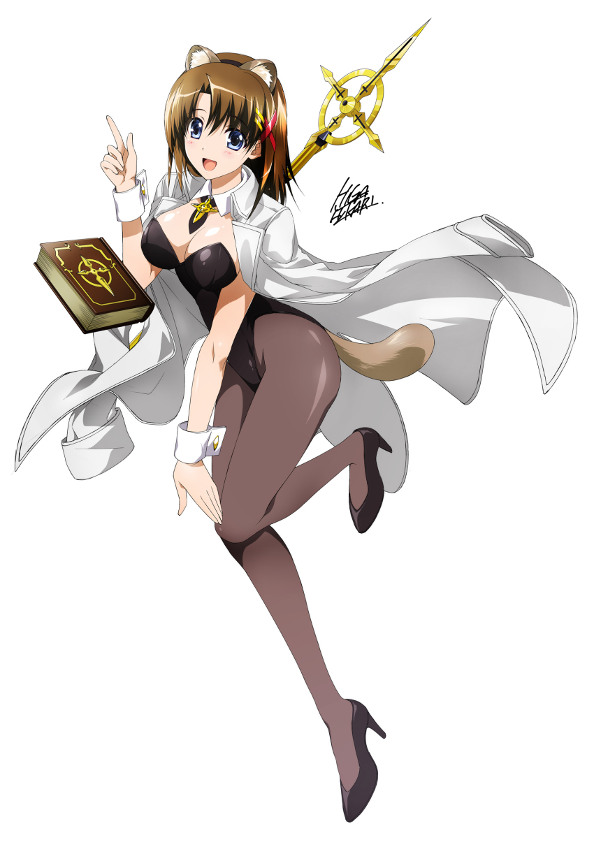 1girl, absurdres, animal_ears, artist_name, black_leotard, blue_eyes, blush, book