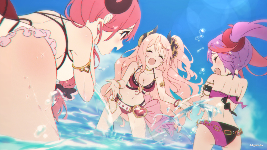 3girls, beach, bikini, closed_eyes, cygames, demon_girl, highres, io_(princess_connect!)