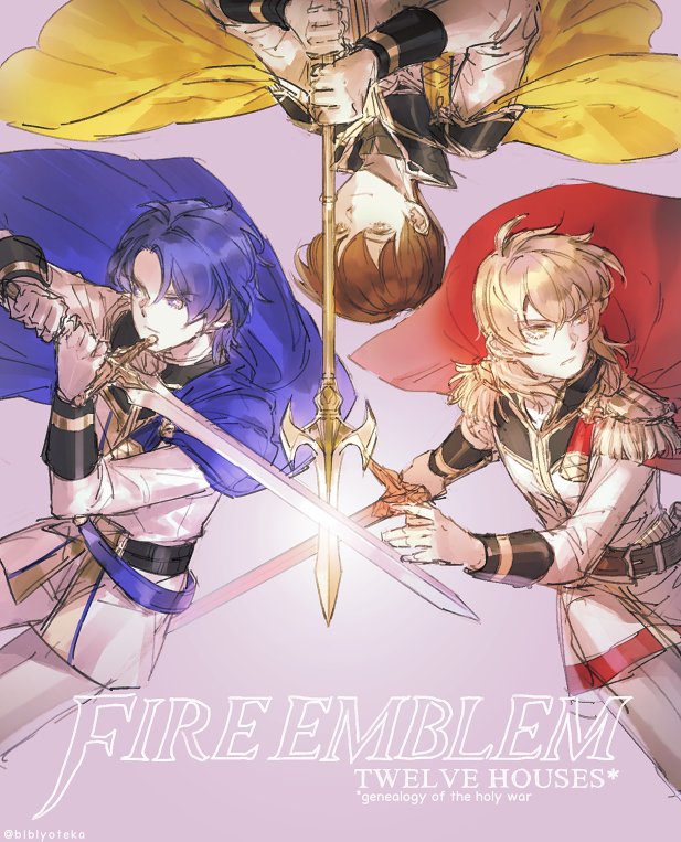3boys, blonde_hair, blue_hair, brown_hair, cape, eldigan_(fire_emblem), epaulettes, european_clothes