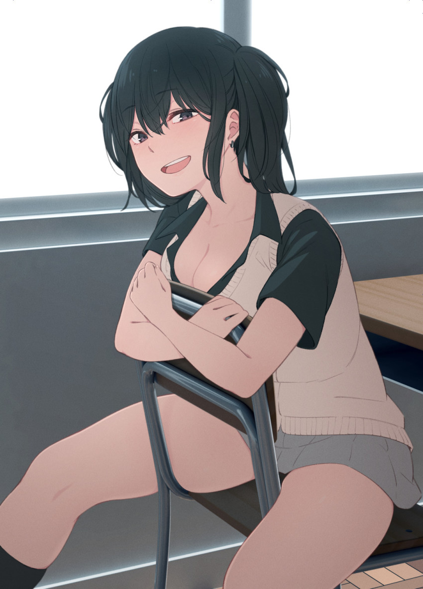 1girl, :d, black_hair, black_shirt, breasts, chair, cleavage, collarbone, collared_shirt, commentary_request, desk, earrings, female_focus, folding_chair, grey_skirt, hair_between_eyes, highres, indoors, jewelry, kemuri_haku, long_hair, looking_at_viewer, medium_breasts, miniskirt, open_mouth, original, pleated_skirt, purple_eyes, school_chair, shirt, short_sleeves, sidelocks, sitting, skirt, smile, solo, sweater_vest, thighs, twintails, window