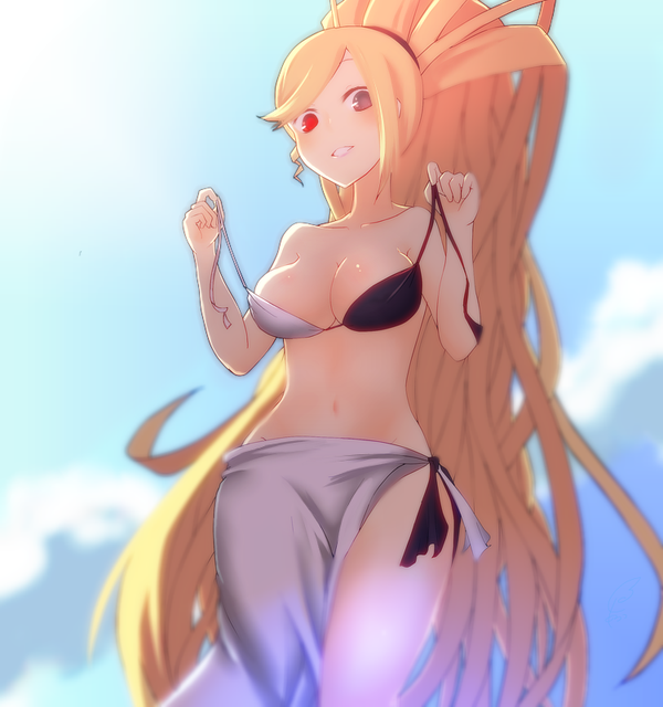 1girl, afushiru_wa_kugi, alternate_costume, bikini, blonde_hair, blue_sky, breasts, cleavage, cloud, cloudy_sky, collarbone, day, female_focus, foreshortening, heterochromia, high_ponytail, hilda_(under_night_in-birth), large_breasts, long_hair, looking_at_viewer, looking_down, multicolored_bikini, navel, night, outdoors, ponytail, purple_eyes, red_eyes, sarong, sky, smile, solo, stomach, swept_bangs, swimsuit, under_night_in-birth, undressing, very_long_hair